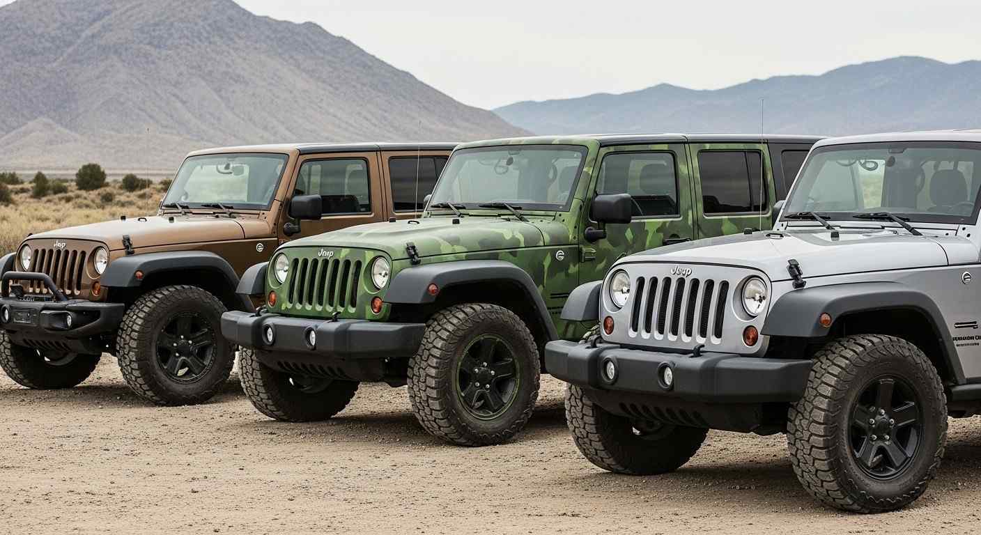 Jeep Wranglers with matte brown, camo green and satin grey vinyl wrap finishes