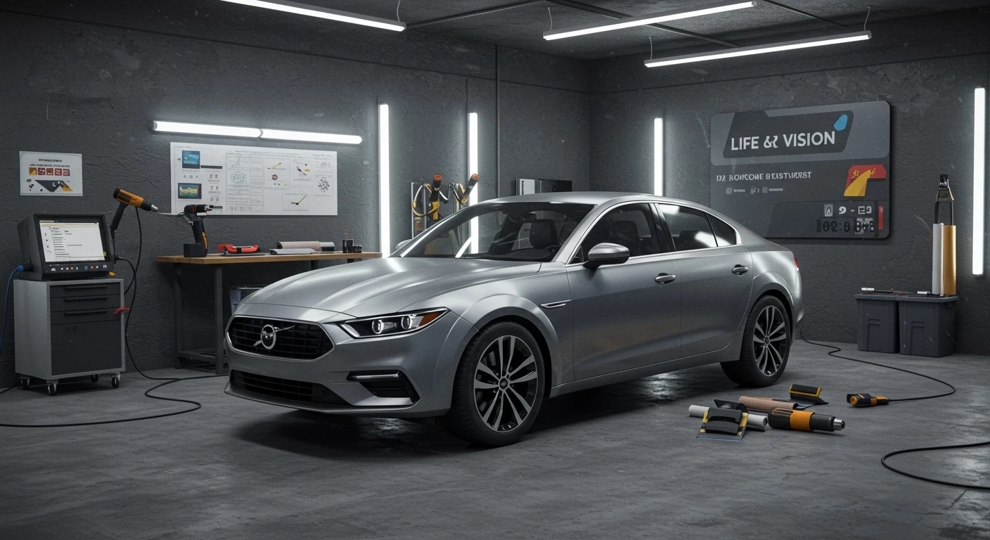 car wrapping workspace with tools