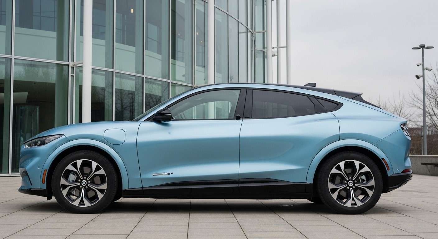 Ford Mustang Mach-E wrapped in satin ice blue vinyl outside a modern UK building