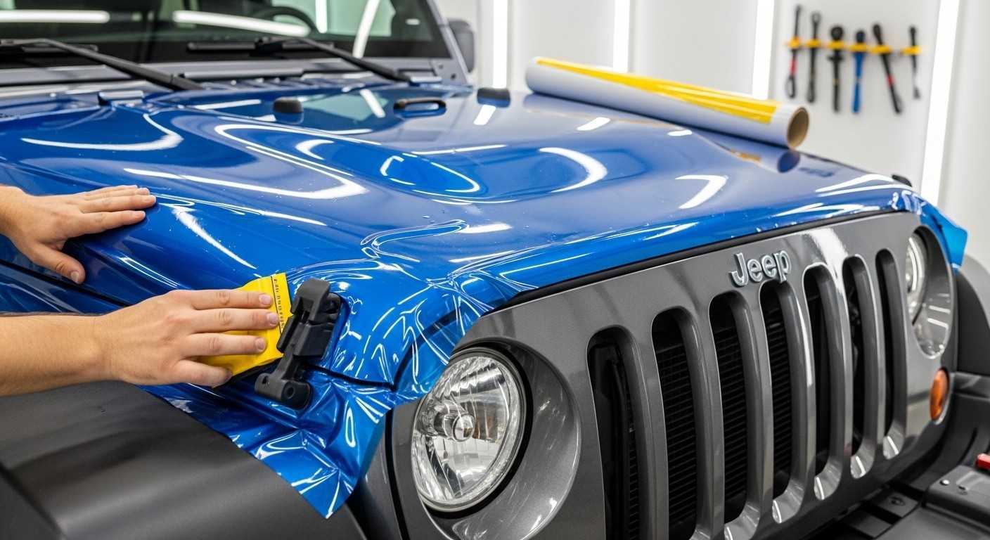 Installer applying glossy colour PPF film on Jeep hood inside detailing workshop