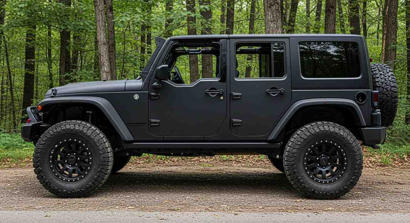 Matte black Jeep Wrangler vinyl wrap showing bold body shape near forest road