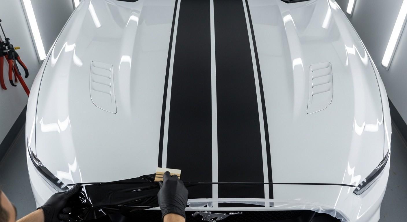 Professional installer applying black vinyl racing stripes to a Ford Mustang bonnet