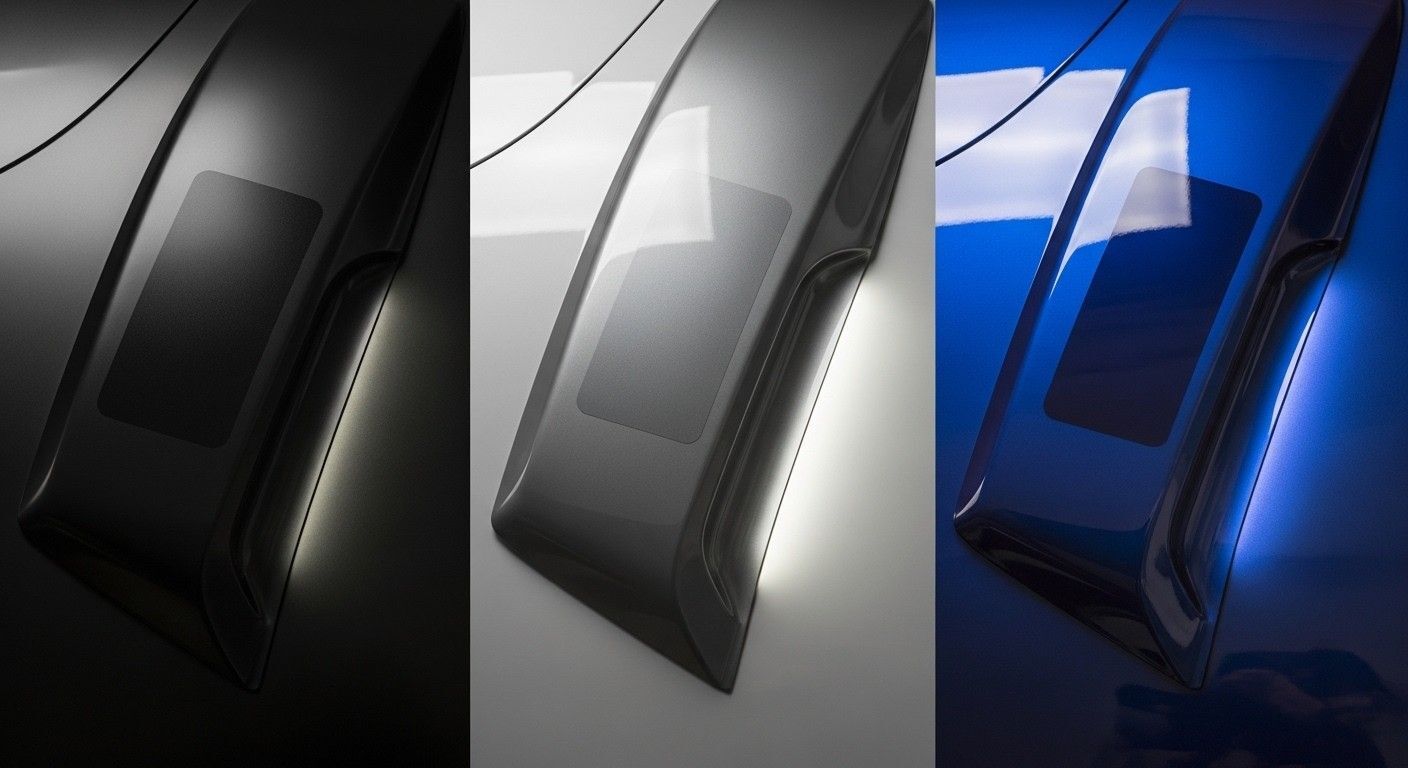 Matte black, satin grey and midnight blue vinyl wrap colour options for Ford Mustang