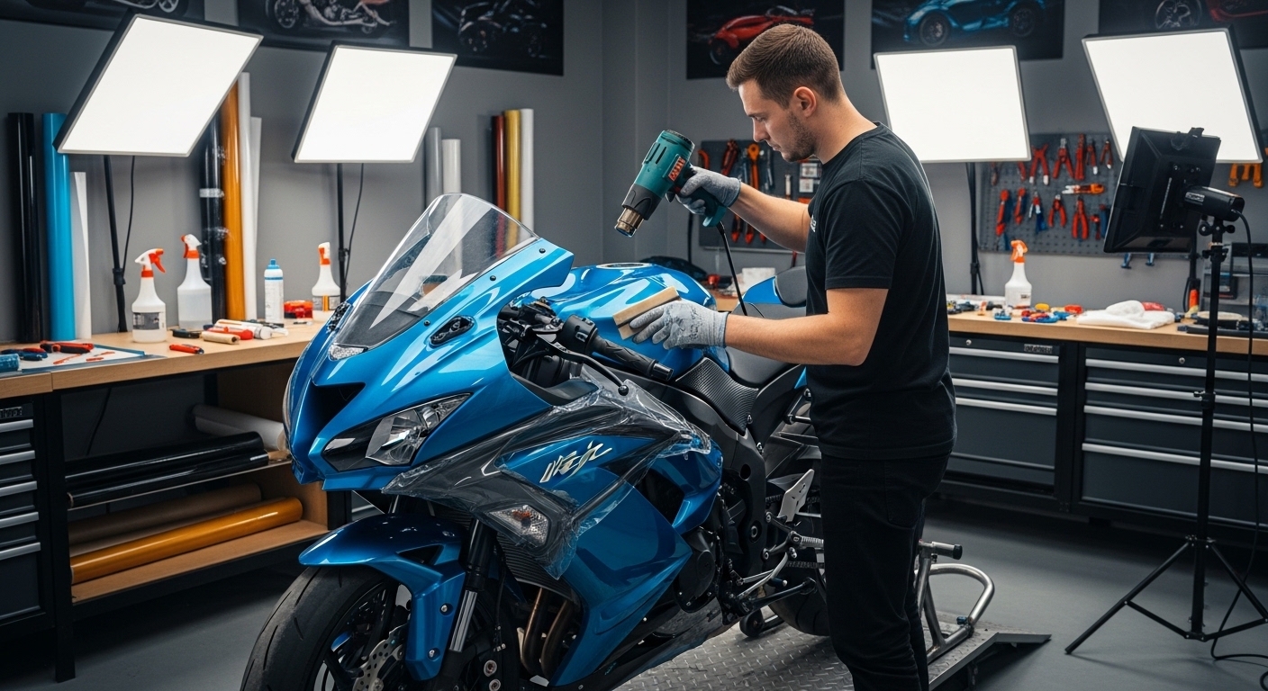 Technician applying motorbike vinyl wrap