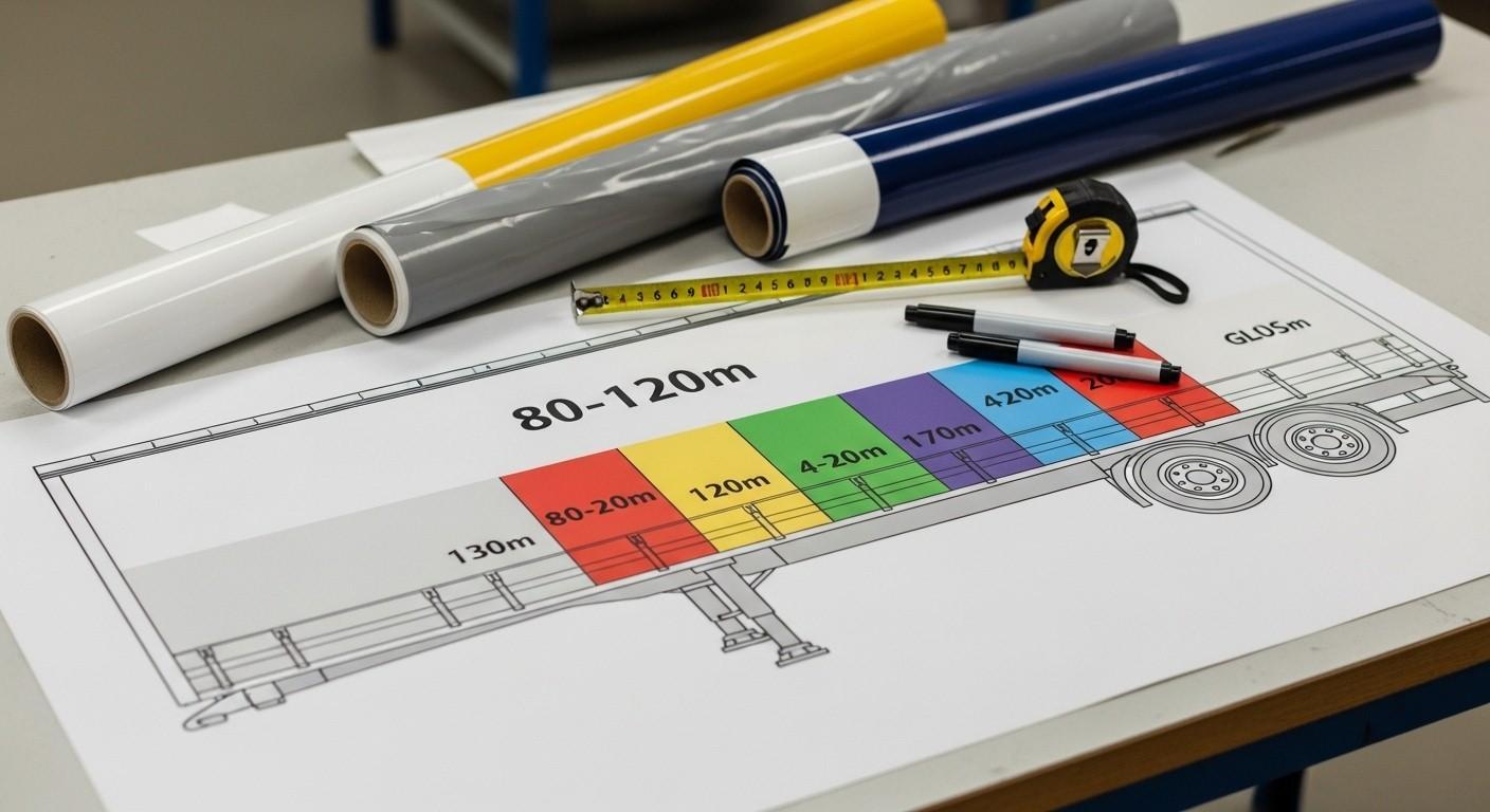 A detailed visual guide showing how to calculate the required vinyl wrap film in metres for trailer wrapping projects in the UK. This includes curtainsider trailers and commercial vehicle graphics, helping installers and fleet managers accurately estimate material usage, reduce waste, and calculate wrapping costs. The diagram supports vinyl wrap planning for large vehicles and explains how trailer dimensions affect total film length needed for professional wrap installation.